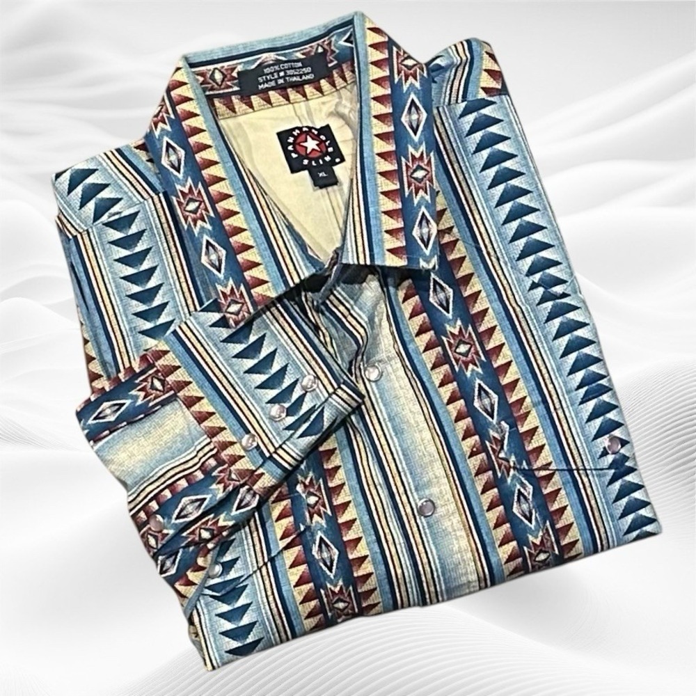 Panhandle Slim Men's X-Large Western Pearl Snap Shirt Aztec Blue Tan Red Cotton
